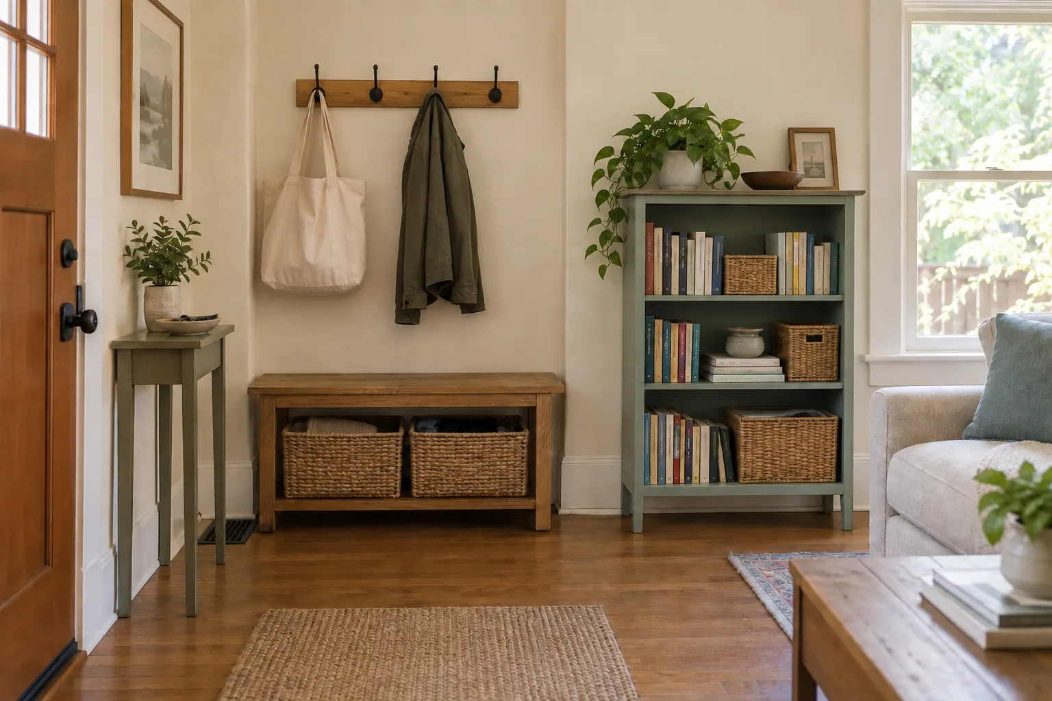 An organized entryway with a wooden bench, useful baskets, coat hooks, and a tidy bookcase